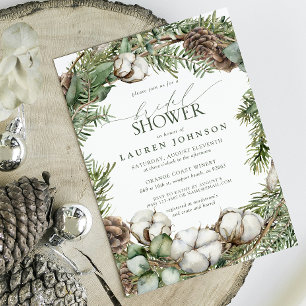 Rustikales Boho Winter Greenery Pinecone Brautpart Einladung