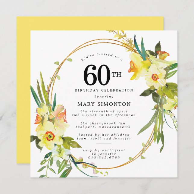 Rustikales Boho Yellow Daffodil 60. Geburtstag Einladung (Vorne/Hinten)