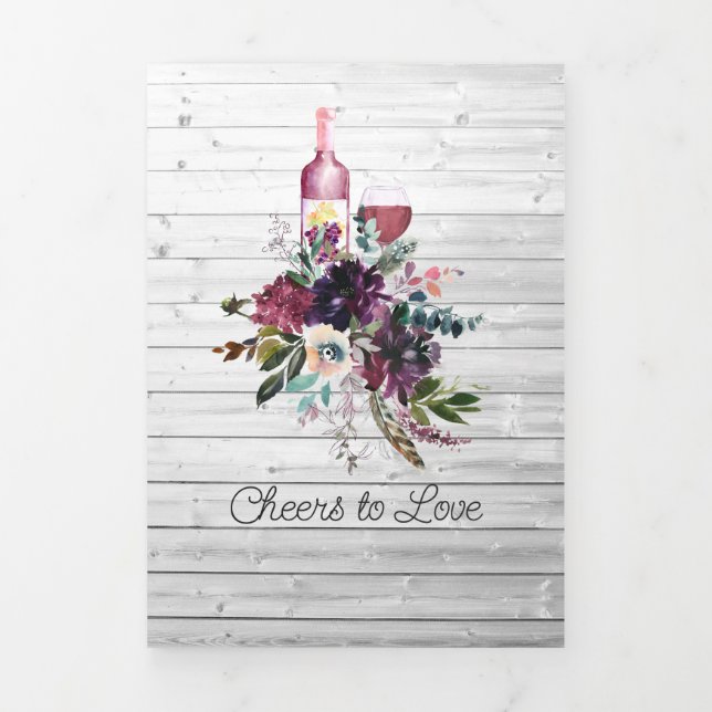 Rustikales Bordeaux Weinverkostung Brautparty Dreifach Gefaltete Einladung (Cover)