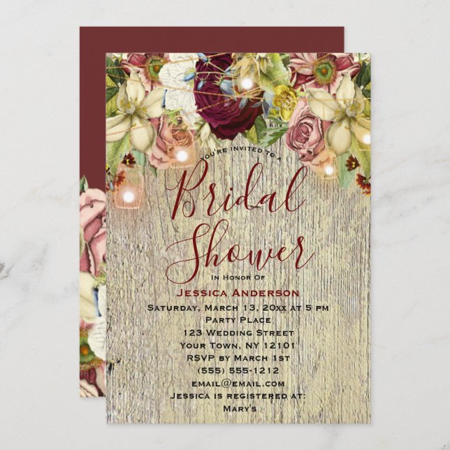 Rustikales botanisches Burgund-Brautparty Einladung (Vorne/Hinten)