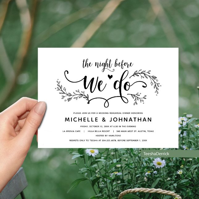 Rustikales Botanisches Hochzeitessen Probe Einladung (The Night Before We Do, Wedding Rehearsal Dinner Invites in Eucalyptus Illustration Rustic themed)