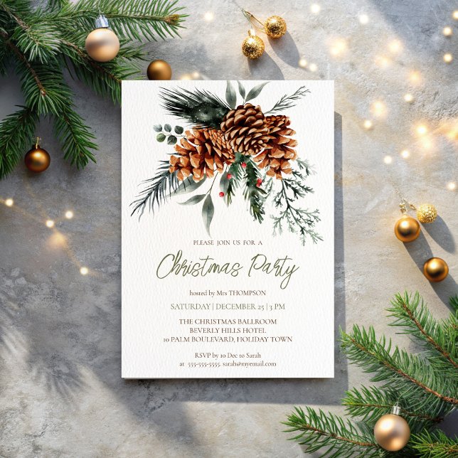 Rustikales botanisches Weihnachtsfest-Party Einladung (Rustic Botanical bohemian  Christmas Party Invitation template pinecones pines winter composition)