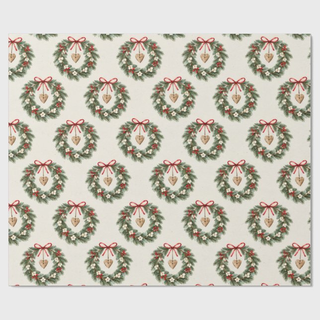 Rustikales botanisches Weihnachtskranzmuster Geschenkpapier (Flach)