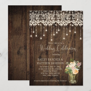 Rustikales Bouquet Mason Jar Lace Lights Einladung
