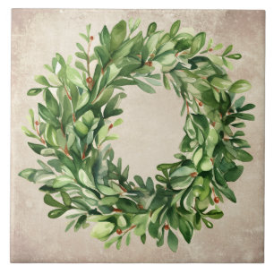 Rustikales Boxwood Wreath Berries Aquarellhaus Fliese