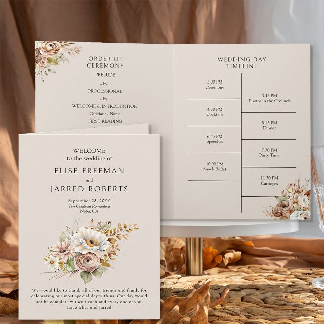 Rustikales Braun-Land-Blumenzwiebelprogramm Einladung (Wedding Program from the Rustic Floral Brown Neutral Wedding Collection by Darling & May)