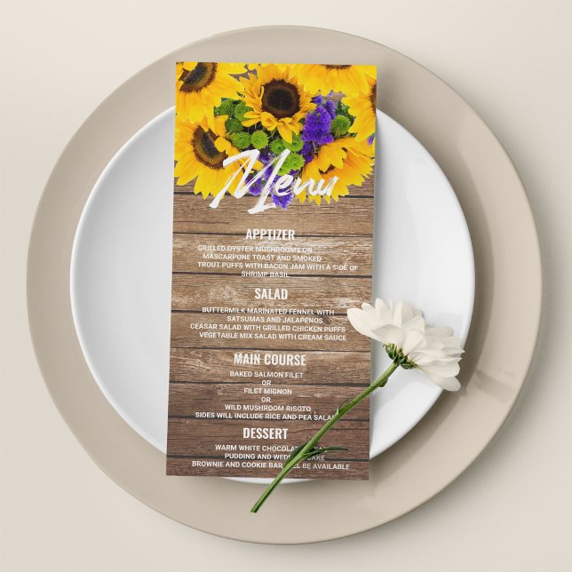 Rustikales Braun-Sonnenblumen-Menü Hochzeit Programm (Rustic brown wood sunflower floral Wedding Menu )