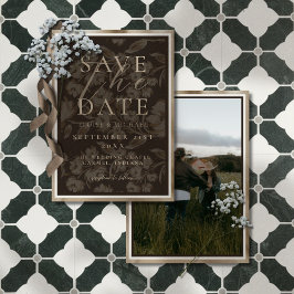 Rustikales braunes botanisches Muster Foto-Hochzei Save The Date