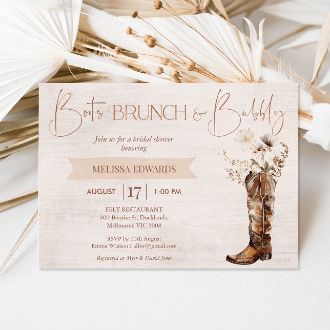 Rustikales braunes Brautparty Einladung (Rustic Boot Brunch Bridal Shower Invitation Template, Floral Cowgirl Boot Bridal Shower Invitation)
