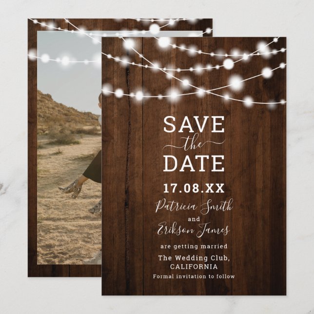 Rustikales braunes Foto mit Saitenholz Save the Da Save The Date (Vorne/Hinten)
