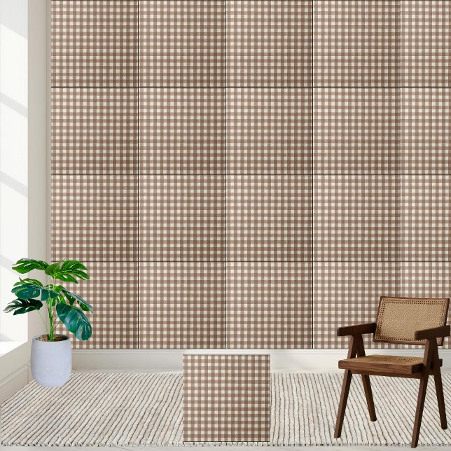 Rustikales Braunes Gingham-Muster Fliese (Rustic Brown and White Checkered Gingham Pattern Ceramic Tile)
