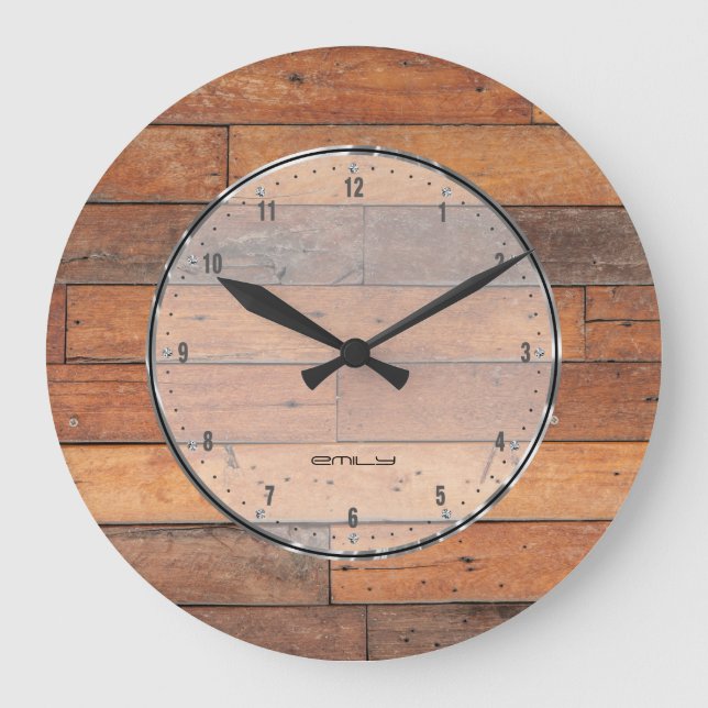 Rustikales braunes Imitat Holzplanks Muster Große Wanduhr (Vorderseite)