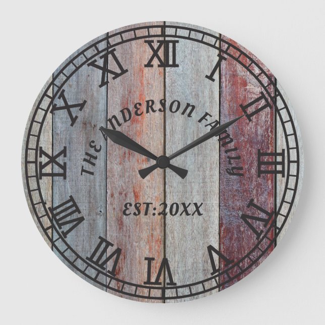 Rustikales Braunholz - eigener Familienname Große Wanduhr (Vorderseite)