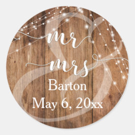 Rustikales Braunholz, Weißes Licht - Linien Mr. & Runder Aufkleber