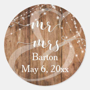 Rustikales Braunholz, Weißes Licht - Linien Mr. &  Runder Aufkleber