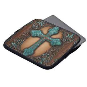 Rustikales Braunleder-Western-Landkreuz Laptopschutzhülle