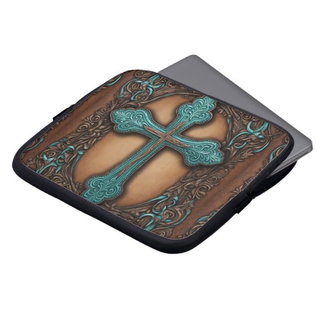 Rustikales Braunleder-Western-Landkreuz Laptopschutzhülle (Vorne Oben)