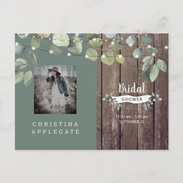 Rustikales Brautparty aus Holz und Lights Einladungspostkarte (Vorderseite)