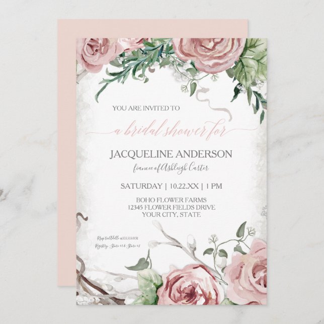 Rustikales Brautparty BOHO Wasserfarbe Einladung (Vorne/Hinten)