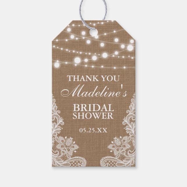 Rustikales Brautparty Burlap Lights Lace Vielen Da Geschenkanhänger (Vorderseite)
