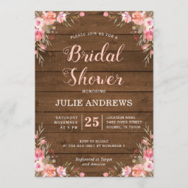 Rustikales Brautparty Chic Pink Floral Wood Einladung