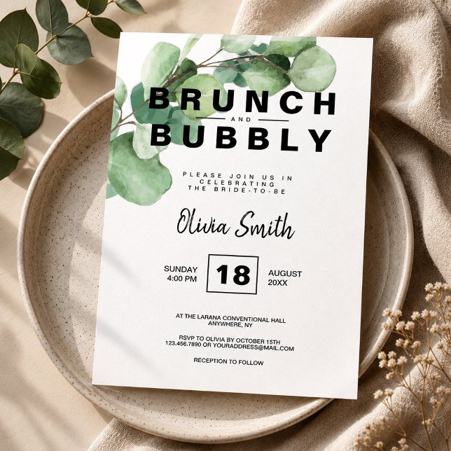 Rustikales Brautparty Einladung (Brunch and Bubbly Bridal Shower Rustic Greenery Invitation, Eucalyptus Invitation)