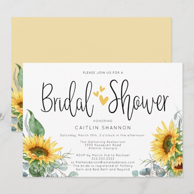 Rustikales Brautparty Sonnenblume mit gelben Herze Einladung (Vorne/Hinten)