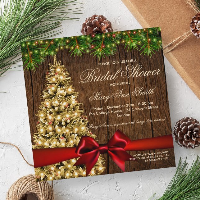 Rustikales Brautparty Tree & Red Ribbon Einladung (Rustic Holiday Bridal Shower Tree & Red Ribbon Invitation)