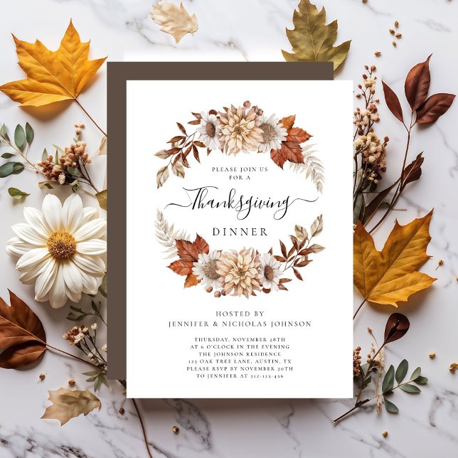 Rustikales Brawn Fall Floral Erntedank Dinner Einladung (Rustic Brown Fall Floral Thanksgiving Dinner Invitation)