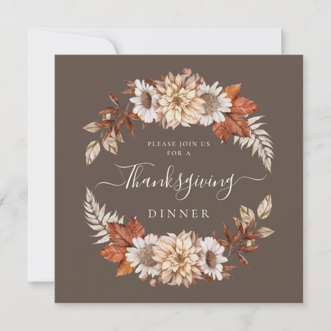 Rustikales Brawn Fall Floral Erntedank Dinner Einladung (Vorderseite)