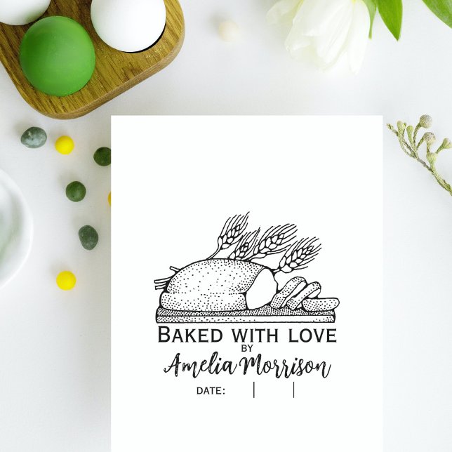 Rustikales Brotlaib/gebacken mit Liebe/Name/Datum Gummistempel (Rustic Bread Loaf/Baked with Love/Name/Date Rubber Stamp)
