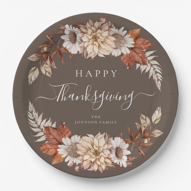 Rustikales Brown Fall Floral Happy Thanksgiving Pappteller (Vorderseite)