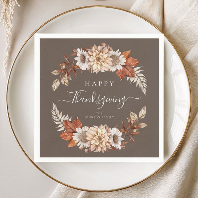 Rustikales Brown Fall Floral Happy Thanksgiving Serviette (Rustic Brown Fall Floral Happy Thanksgiving Napkins)