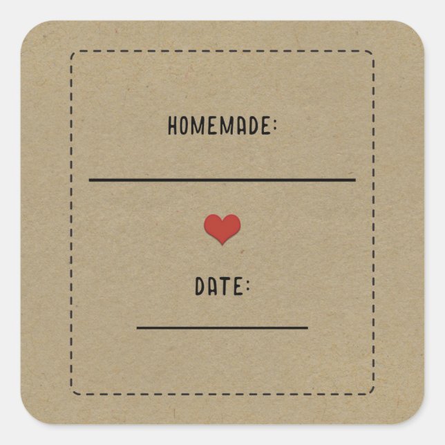 Rustikales Brown Kraft Rotes Herz hausgemachte Can Quadratischer Aufkleber (Vorderseite)