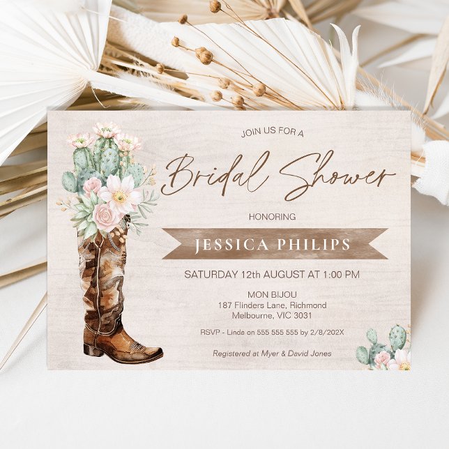 Rustikales Brown Western Cowgirl Boot Brautparty Einladung (Rustic Boho Beige Boot Brunch Bridal Shower Invitation Template, Cowgirl Boot Bridal Shower Invite)