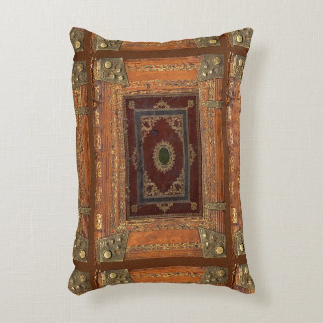 Rustikales Büchermotiv-Kissen-Leder und Brass-Look Dekokissen (Vorderseite(Vertikal))