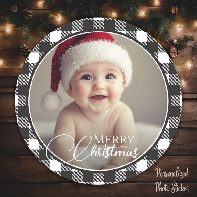 Rustikales Buffalo Kariert Frohe Weihnachten Foto Runder Aufkleber (Rustic Buffalo Plaid Merry Christmas Photo Classic Round Sticker)