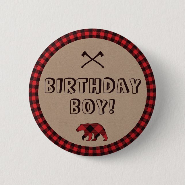 Rustikales Büffel-Karo-Lumberjack-Geburtstagsjunge Button (Vorderseite)