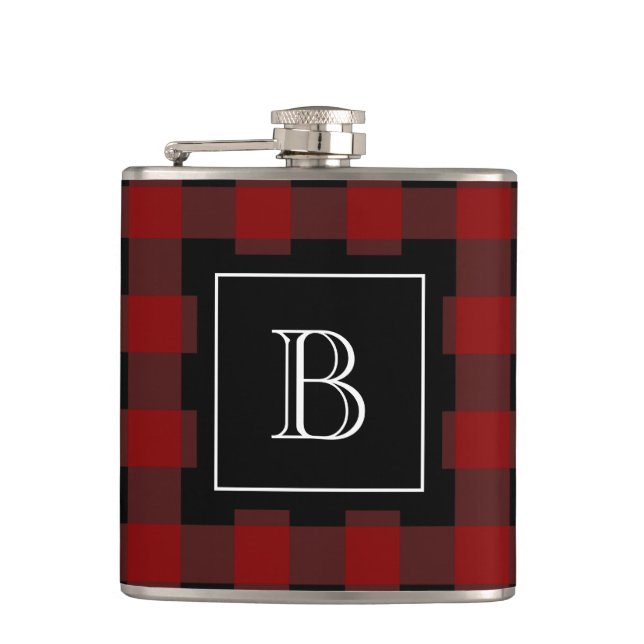 Rustikales Büffel-Karo-Lumberjack-Monogramm Anfang Flachmann (Vorderseite)