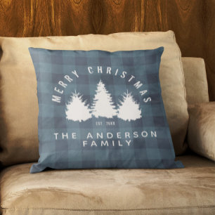 Rustikales Büffel-Karo-Merry-Christmas-Familiennam Kissen
