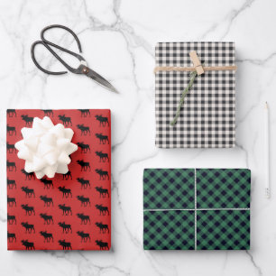 Rustikales Büffel- und Büffel-Karo-Muster Geschenkpapier Set