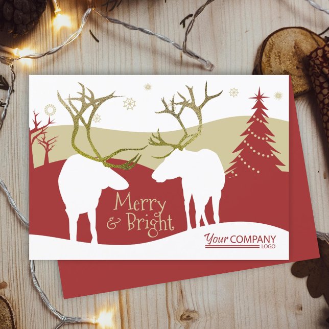 Rustikales Burgund, Beige Rentier Weihnachten Einladung (rustic burgundy beige reindeer gold antlers company business holiday christmas xmas greeting cards)