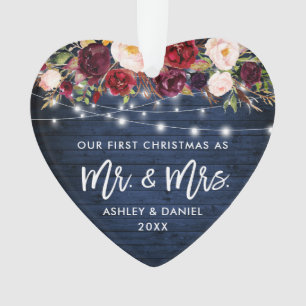 Rustikales Burgund Blumen Lichter Weihnachten Blau Ornament