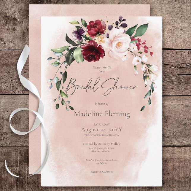 Rustikales Burgund & Blush Pink Roses Brautparty Einladung (Rustic Burgundy & Blush Pink Roses Bridal Shower Invitation)