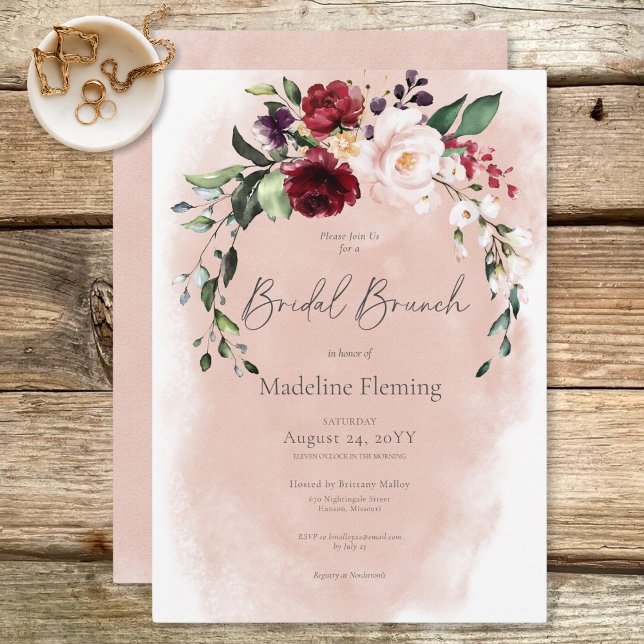 Rustikales Burgund & Blush Pink Roses Bridal Brunc Einladung (Rustic Burgundy & Blush Pink Roses Bridal Brunch Invitation)