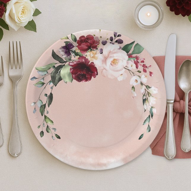 Rustikales Burgund & Blush Pink Roses Bridal Lunch Pappteller (Rustic Burgundy Pink Roses Bridal Shower Paper Plate)