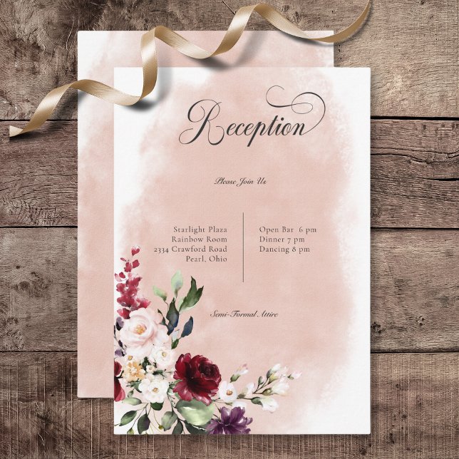 Rustikales Burgund & Blush Pink Roses Empfang Begleitkarte (Rustic Burgundy & Blush Pink Roses Wedding Reception Card)