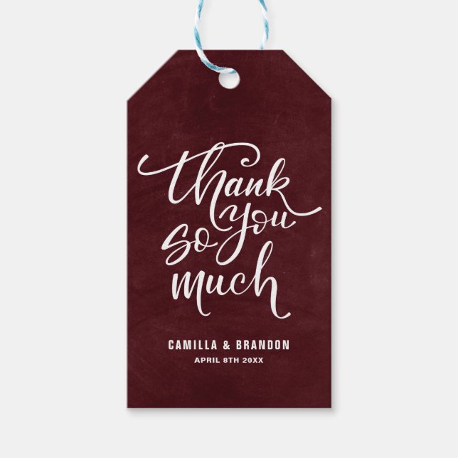 Rustikales Burgund dankt Ihnen so viel Schrift Geschenkanhänger (Vorderseite)