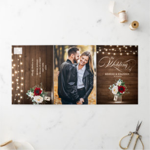 Rustikales Burgund-Flora-Dreifach-Hochzeitseinladu Dreifach-gefaltete Programmkarte