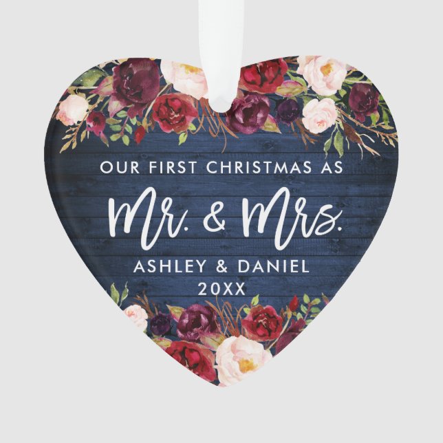 Rustikales Burgund Floral Erstes Weihnachtsblau Ornament (Vorderseite)